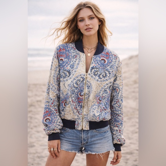 Free People Jackets & Blazers - Free People Daytrip Floral Paisley Bomber Jacket Blue Cream S Boho Festival